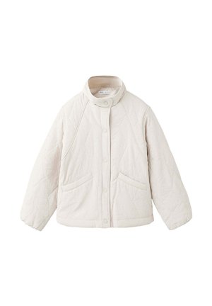 Off-white gesteppte Jacke mit hohem Kragen, Druckknopfleiste vorne, langen Ärmeln und zwei Fronttaschen.