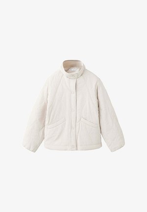 Veste matelassée écrue avec col haut, fermeture à pressions sur le devant, manches longues et deux poches avant.