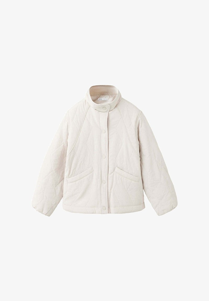Veste matelassée écrue avec col haut, fermeture à pressions sur le devant, manches longues et deux poches avant.