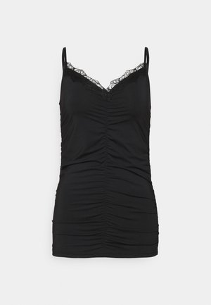 Top senza maniche di colore nero con bordo in pizzo lungo il collo. Realizzato in tessuto morbido, presenta una texture arricciata sul davanti e una parte posteriore liscia.