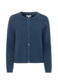 Mörkblå långärmad cardigan med rund halsringning och sex knappar framtill, stickat tyg, varumärkesetikett synlig på insidan av kragen.
