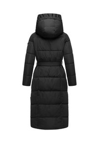 Black puffer coat with a hood, belt, and quilted design. Features a logo on the hood, long sleeves, and a below-knee length.