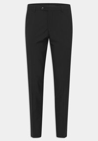 Schwarze maßgeschneiderte Hosen mit schlanker Passform, glatter Textur, Eingrifftaschen und einem Knopfverschluss an der Taille.