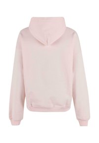 Lys rosa hettegenser med snøring i hetten, lange ermer, ribbestrikkede mansjetter og nederste kant. Myk stoff med glatt tekstur, minimalistisk design.