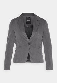 Šedý oblekový blazer s jedním knoflíkem, klopami a dvěma předními kapsami. Hladká textura a elegantní design nabízejí formální vzhled.