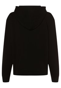 Sudadera negra hecha de tela suave con capucha redondeada, mangas largas y puños y dobladillo acanalados. Sin patrones visibles ni detalles de hardware.