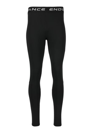 Zwarte sportleggings met een gladde textuur, voorzien van een brede band met het label "ENDURANCE." Aansluitend, full-length ontwerp.