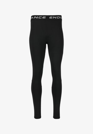Zwarte sportleggings met een gladde textuur, voorzien van een brede band met het label "ENDURANCE." Aansluitend, full-length ontwerp.