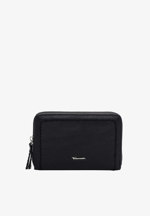 Black leather wallet with a zip closure, featuring stitched accents and a silver logo. Smooth texture with a rectangular shape.