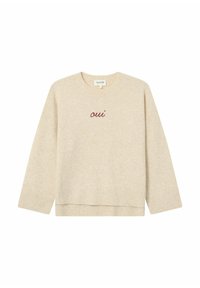 Pullover in maglia beige con collo rotondo, maniche lunghe e orlo a coste. Presenta la scritta ricamata "oui" in bordeaux. Texture morbida.