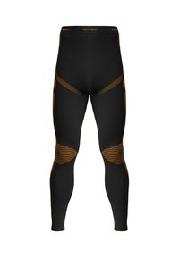 Schwarze sportliche Leggings mit orangen Akzenten, ausgestattet mit einem strukturierten Bund, Mesh-Einsätzen an den Seiten und gestreiften Knieapplikationen für Atmungsaktivität und Stil.