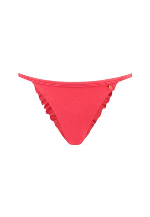 Roze bikini onderkant met gerimpelde randen en dunne zijbanden. Gemaakt van rekbaar materiaal met een klein gouden logo-accent aan de zijkant.