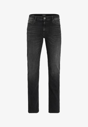 Fekete, karcsúsított szabású farmer gombos és cipzáras záródással, elülső és hátsó zsebekkel, valamint finom kopott hatású részletekkel a combokon és a térdeken.