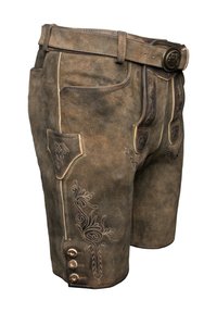 Braune Lederhosen mit dekorativer Stickerei, Gürtelschlaufen und einer Vordertasche. Mit drei goldfarbenen Knöpfen an der Seite.
