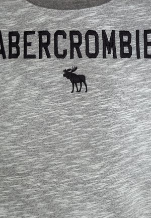 Grå sweatshirt med tekstureret stof, med sort broderet tekst "ABERCROMBIE" og et elgdesign. Rund halsudskæring.