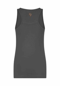 Dunkelgraues Tanktop mit dünnen Trägern, runden Ausschnitt und kleinem orangefarbenem Logo auf dem Rücken. Glatte Stofftextur.