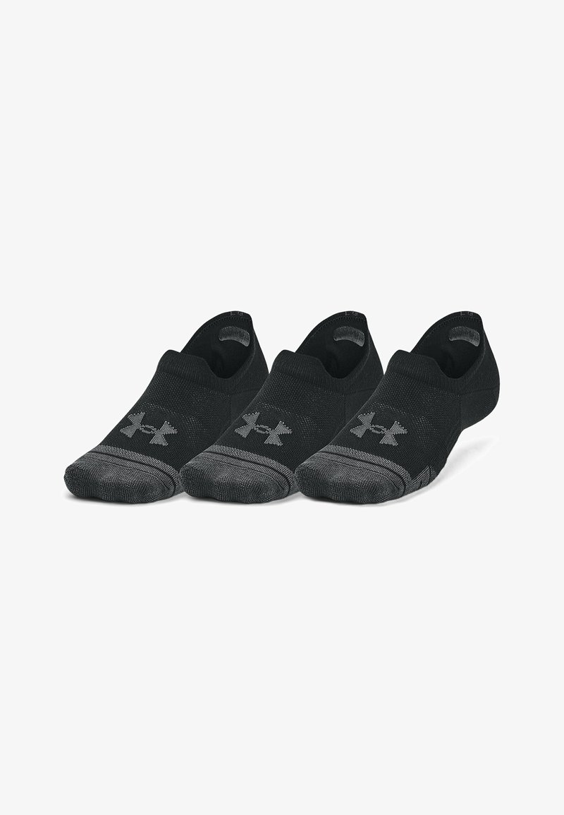 Pack de tres pares de calcetines negros, con un diseño acanalado, área de puntas acolchada y talón texturizado. Logo de Under Armour en gris.