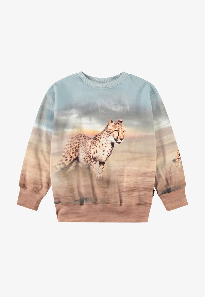 Cotton sweatshirt featuring a cheetah graphic, fading blue to beige colors, crew neckline, and ribbed cuffs. Smooth texture, no hardware.