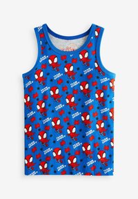 Blå tanktop med et gentaget Spider-Man design med røde accenter og sorte edderkoppe-symboler. Lavet af blødt bomuldsstof.