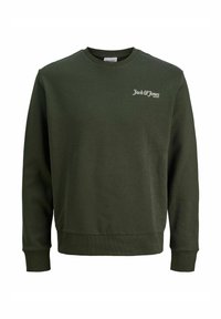 Zelená mikina s kulatým výstřihem od Jack & Jones. Měkká tkanina, žebrované manžety a lem, na levé hrudi malé bílé logo.