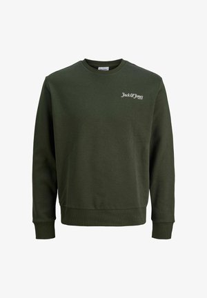 Grön, crew-neck sweatshirt från Jack & Jones. Mjuk tyg, ribbade ärmslut och nederkant, med en liten vit logotyp på vänster bröst.