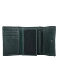 Donkergroene lederen portemonnee met meerdere kaartsleuven, een net ID-venster en drukknoopsluiting. Gegevens met een gestructureerde afwerking.