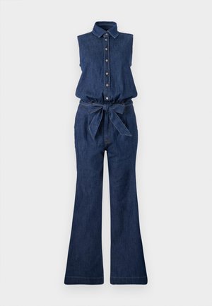 Denim jumpsuit with a sleeveless design, collar, front button closure, and a belted waist. Features flared legs and dark blue color.
