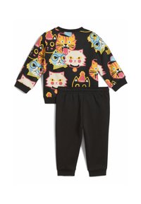 Chándal de algodón negro que incluye una camiseta de manga larga con gráficos de gatos coloridos y pantalones negros a juego con cintura elástica.