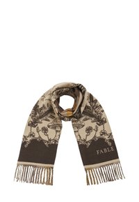 Brun og creme farvet tørklæde med blomster- og svampemønstre, frynsede ender og et "FABLE" mærke. Fremstillet af blødt stof med et tekstureret design.