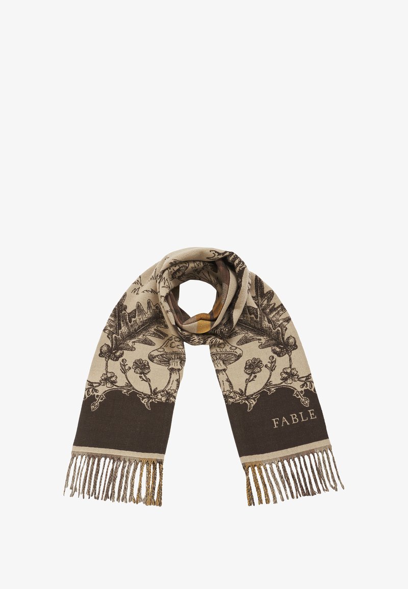 Brun och krämfärgad scarf med blommönster och svampmönster, fransade ändar och en "FABLE"-etikett. Tillverkad av mjukt tyg med en texturerad design.