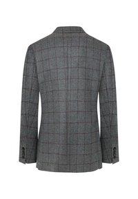 Blazer grigio con un sottile motivo a quadri in rosso scuro, realizzato in tessuto testurizzato, con uno spacco singolo dietro e polsini abbottonati.