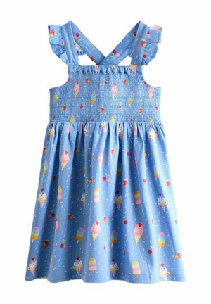 Rochie albastră fără mâneci pentru copil mic, cu imprimeu de înghețată și cireșe, corset cu pliuri, bretele cu volane încrucișate la spate.