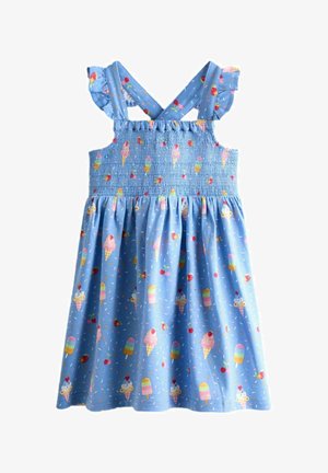 Modré detské šaty bez rukávov s potlačou zmrzliny a čerešní, žabičkované telo, volánkové ramienka prekrývajúce sa na chrbte.