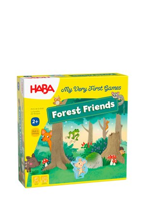 Kinderspielbox mit dem Titel Waldfreunde zeigt gezeichnete Waldtiere, darunter eine Maus, einen Frosch, einen Hirsch, eine Eule, ein Eichhörnchen, einen Igel und ein Wildschwein.
