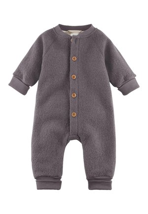 Grå fleeceheldragt med knaplukning foran, ribstrikkede manchetter og ankellængde. Har fem træknapper foran til lukning.