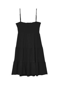 Abito nero senza maniche con corpino arricciato, design a strati e gonna fluente. Realizzato in tessuto leggero con una consistenza morbida.
