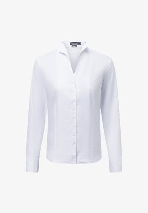 White long-sleeve shirt with a V-neck collar, front button closure, and smooth fabric texture. Features a tailored fit and subtle sheen.