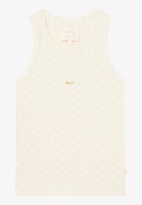 Kremfarget tanktopp med ribbet tekstur som har små diamantmønstre. Den har en avrundet halslinje og en subtil gulllogo.