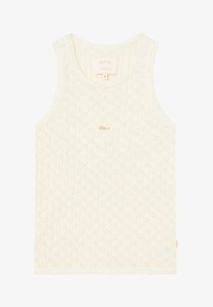 Cream-colored tank top with a ribbed texture featuring small diamond patterns. It has a rounded neckline and a subtle gold logo.