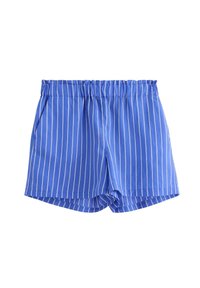Shorts a righe blu con vita elastica, caratterizzati da strisce bianche verticali, due tasche laterali e una vestibilità rilassata. Tessuto morbido e leggero.