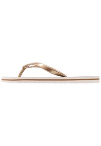 Gouden metallic flip-flops met een zachte stoffen band, voorzien van een witte schuimrubberen zool en subtiele bruine strepen langs de rand. Lichtgewicht ontwerp.