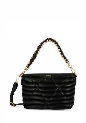 Borsa nera con texture a righe, motivi a diamante e manico intrecciato. Presenta hardware dorato e una tracolla regolabile.