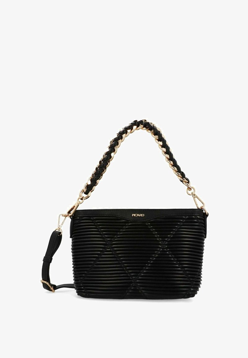 Zwarte handtas met een geribbelde textuur, diamanten patronen en een gevlochten handvat. Heeft gouden hardware en een verstelbare schouderriem.