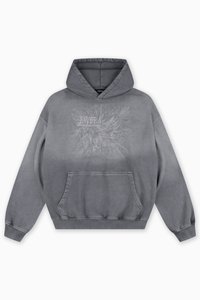 Hooded sweatshirt in gray fabric, featuring a front pouch pocket and embossed graphic design with "FAVELA Worldwide" text and 2013 detail.