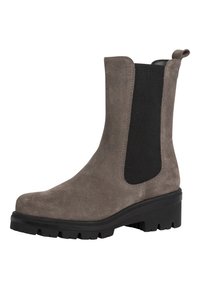 Stivale alla caviglia in suede grigio con pannelli laterali elastici neri, punta rotonda e suola in gomma nera spessa con battistrada testurizzato.