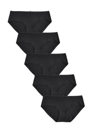 Pięć czarnych bawełnianych damskich majtek z małymi kokardkami z przodu, ułożonych w ukośnym rzędzie na białym tle.