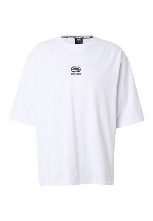 Bílé oversized tričko s krátkými rukávy a malým černým logem "eckō unltd." s nosorožcem uprostřed přední části.