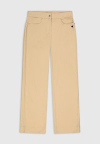Beige Baumwoll-Hosen mit weitem Bein, ausgestattet mit einem Knopf- und Reißverschluss, zwei Fronttaschen und einem kleinen gestickten Logo an der Seite.