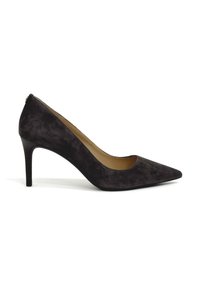 Décolleté nera in suede con punta affusolata e silhouette elegante, dotata di tacco stiletto di media altezza e interno liscio.