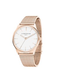 Armbanduhr mit roségoldfarbener Mesh-Armbanduhr, rundem weißen Ziffernblatt, minimalistischen Indizes und elegantem Gehäusedesign. Mit einem Klappverschluss.